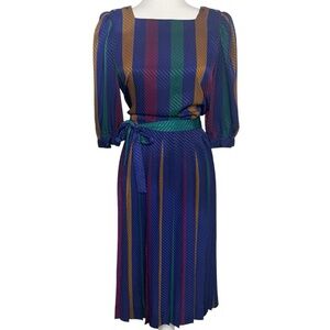 Vintage 80’s Liz Claiborne Multicolor Striped Pleated Belted Midi Dress